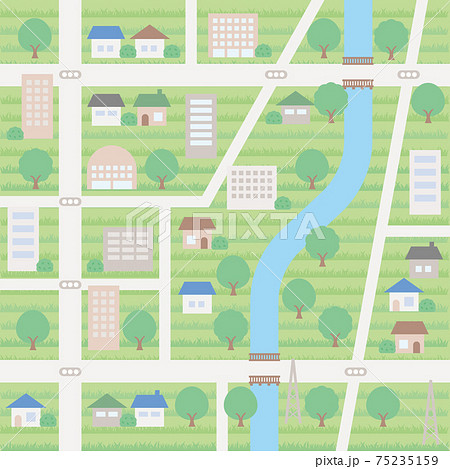 シンプルな初夏の街並みの背景イラスト 地図風バージョンのイラスト素材