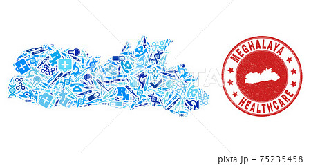 Health Care Vaccine Mosaic Meghalaya State Map and Grunge Health Care Stamp 75235458