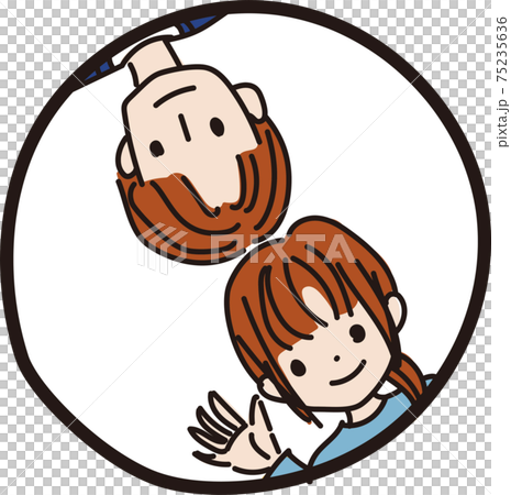 丸い窓を覗く男性と女性のイラストのイラスト素材