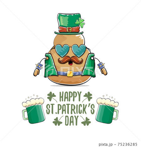 Happy Saint Patricks day greeting card with funky leprechaun rock star potato character with green particks hat and beer isolated on white background. Rock n roll hipster vegetable funky character 75236285