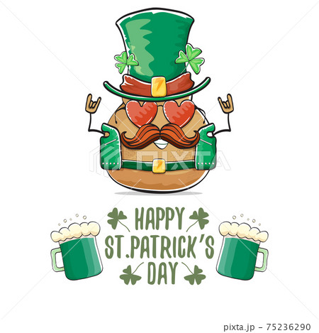 Happy Saint Patricks day greeting card with funky leprechaun rock star potato character with green particks hat and beer isolated on white background. Rock n roll hipster vegetable funky character 75236290