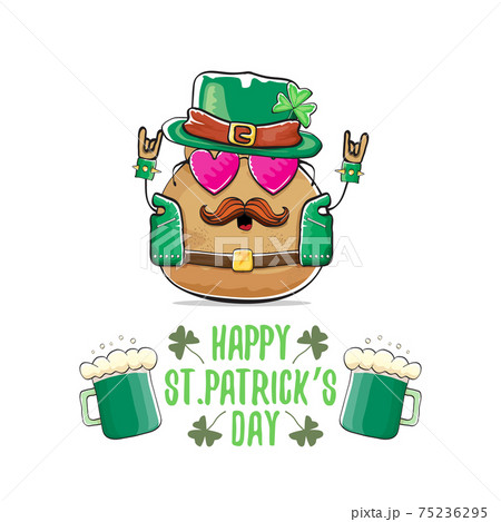 Happy Saint Patricks day greeting card with funky leprechaun rock star potato character with green particks hat and beer isolated on white background. Rock n roll hipster vegetable funky character 75236295