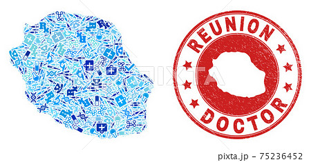 Health Care Vaccination Mosaic Reunion Island Map and Grunge Health Care Rubber Stamp 75236452