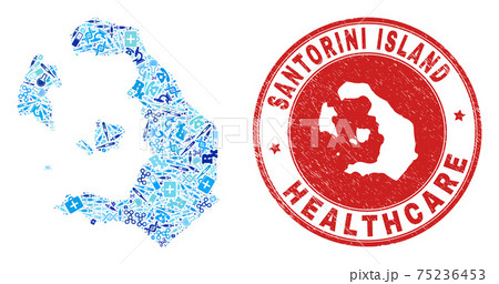 Health Care Dose Mosaic Santorini Island Map and Scratched Health Care Seal 75236453