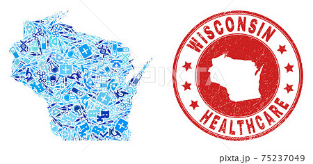 Health Care Vaccine Mosaic Wisconsin State Map and Watermark Health Care Rubber Stamp 75237049