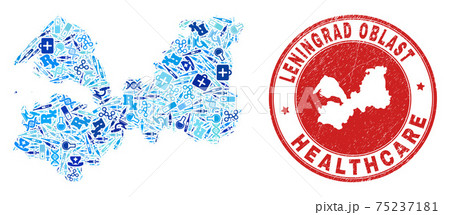 Health Care Dose Mosaic Leningrad Region Map and Grunge Health Care Stamp 75237181