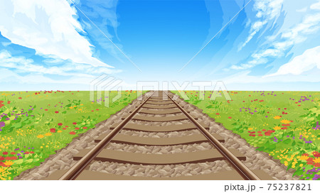 まっすぐな線路と草原の風景_背景イラスト_秋の花_16:9 75237821