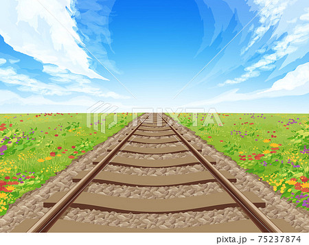 まっすぐな線路と草原の風景 背景イラスト 秋の花のイラスト素材