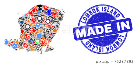 Engineering Collage Lombok Island Map and Made in Grunge Rubber Stamp Engineering Collage Lombok Island Map and Made in Grunge Rubber Stamp 75237892