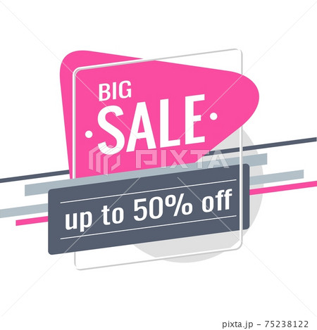 Discount banner design. Template with text: Big Sale, up to 50% off. Pink triangular spot, gray stripes on a white background. Special offer, promotion and advertising. Flat style. Vector illustration Discount banner design. Template with text: Big Sale, up to 50% off. Pink triangular spot, gray stripes on a white background. Special offer, promotion and advertising. Flat style. Vector illustration 75238122