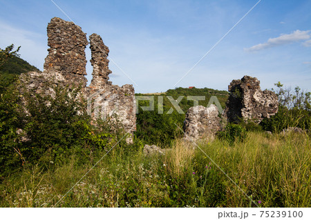 Ruins of castle on Black Mountain in Vinogradovo, Transcarpathian, Ukraine Ruins of castle on Black Mountain in Vinogradovo, Transcarpathian, Ukraine 75239100