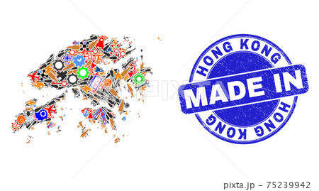 Engineering Mosaic Hong Kong Map and Made in Scratched Stamp 75239942