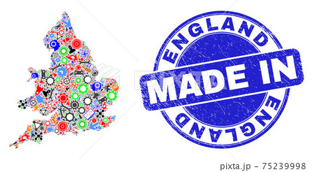 Production Mosaic England Map and Made in Scratched Stamp Seal Production Mosaic England Map and Made in Scratched Stamp Seal 75239998