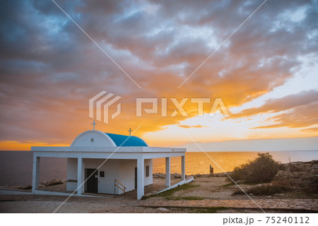 Agioi Anargyroi church at Cape Greco sunrise Mediterranean Sea coast Cyprus 75240112