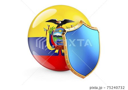 Ecuadorian flag with shield. Protect of Ecuador concept, 3D rendering Ecuadorian flag with shield. Protect of Ecuador concept, 3D rendering 75240732