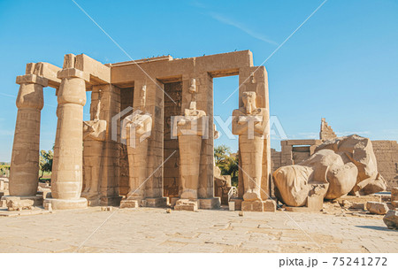 Ruins of the Egyptian temple of Ramesseum, the funeral temple of Pharaoh Ramses II XIII century BC , near the modern city of Luxor 75241272
