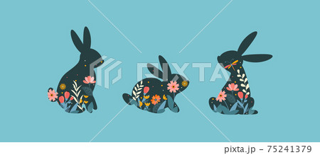 Happy Easter illustrations with bunnies, rabbits decorated with flowers Happy Easter illustrations with bunnies, rabbits decorated with flowers 75241379