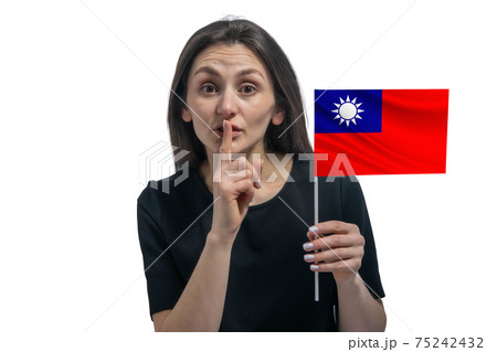 Happy young white woman holding flag of Republic of China and holds a finger to her lips isolated on a white background Happy young white woman holding flag of Republic of China and holds a finger to her lips isolated on a white background 75242432