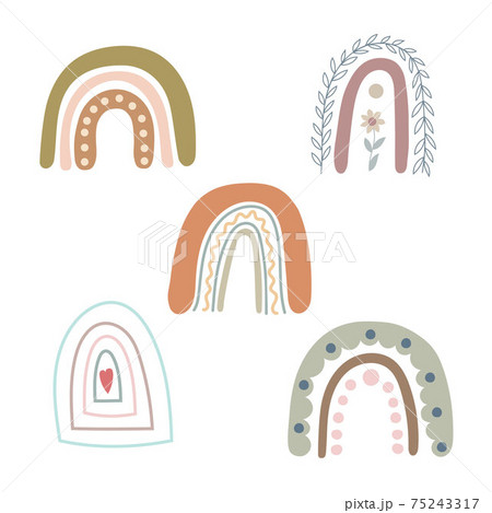 Boho rainbows set abstract shapes, simple hand drawn silhouette vector illustration in trendy pastel colors, minimalist concept perfect for making cards, banners, modern posters, textile, papercraft 75243317