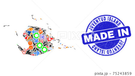 Production Collage Juventud Island Map and Made in Scratched Rubber Stamp 75243859