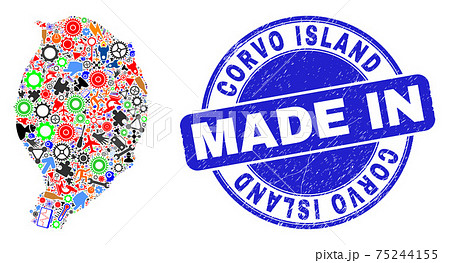 Production Mosaic Corvo Island Map and Made in Textured Stamp 75244155