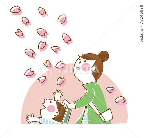 桜の下でバギーを押すお母さんのイラスト素材