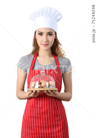 asian woman chef with white hat prepare cooking and white background asian woman chef with white hat prepare cooking and white background 75249298