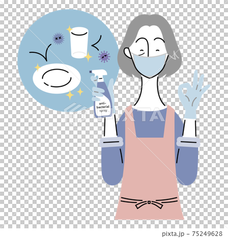 Senior woman keeping dishes clean (wearing mask, apron and gloves) Senior woman keeping dishes clean (wearing mask, apron and gloves) 75249628