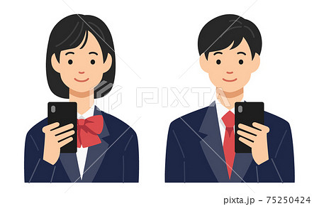 笑顔でスマホを見る学生の男女のイラスト素材