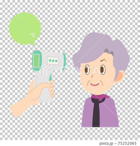 非接触体温計で検温を受けるシニア女性のイラストのイラスト素材