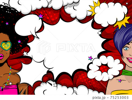 Two black and white woman pop art wow face Two black and white woman pop art wow face 75253003