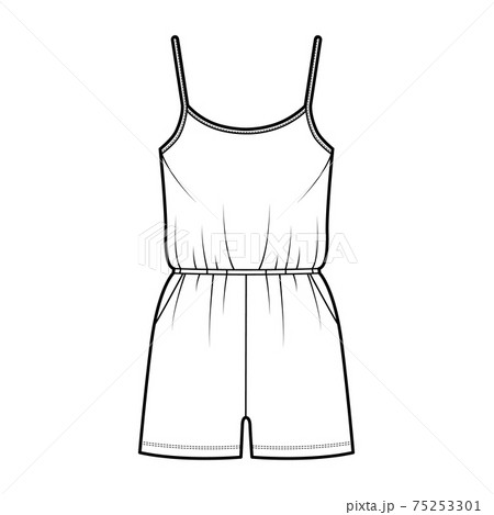 Camisole jumpsuit Dungaree overall technical fashion illustration with mini length, elastic waist, oversized, pockets Camisole jumpsuit Dungaree overall technical fashion illustration with mini length, elastic waist, oversized, pockets 75253301