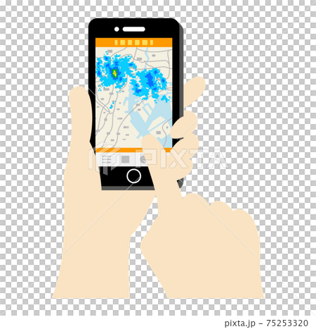 スマホで雨雲レーダーをチェックするイラストイメージ スマホで雨雲レーダーをチェックするイラストイメージ 75253320