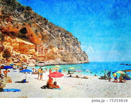 A glimpse of one of the beaches of Sardinia with tourists relaxing in the summer. Digital watercolors 75253616