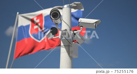 Outdoor security cameras near flag of Slovakia. 3d rendering Outdoor security cameras near flag of Slovakia. 3d rendering 75255176