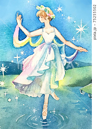 夜の湖でバレエをする妖精 人物アップのイラスト素材 夜の湖でバレエをする妖精 人物アップのイラスト素材