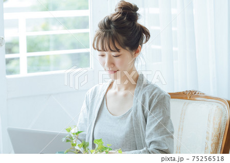 パソコンを操作するお団子ヘアーの若い女性 75256518