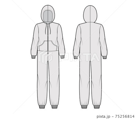 Onesie overall jumpsuit sleepwear technical fashion illustration with full length, hood, zipper closure, kangaroo pouch Onesie overall jumpsuit sleepwear technical fashion illustration with full length, hood, zipper closure, kangaroo pouch 75256814