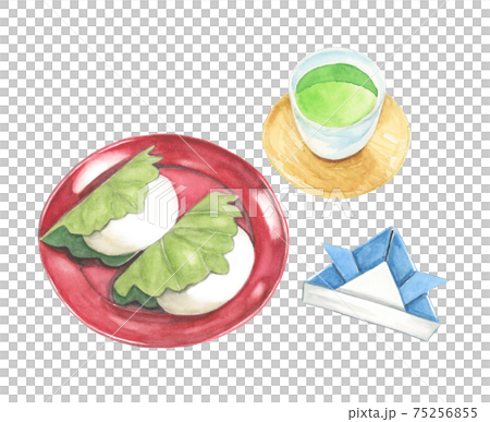 柏餅と折り紙兜と緑茶 端午の節句イメージ 手描き水彩画 のイラスト素材