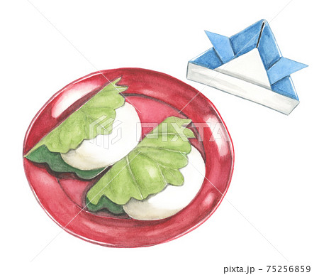 柏餅と折り紙兜 端午の節句イメージ 手描き水彩画 のイラスト素材