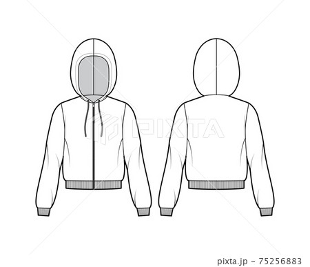 Zip-up Hoody sweatshirt technical fashion illustration with long sleeves, relax body, rib cuff, banded hem, drawstring 75256883