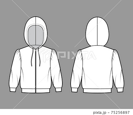 Zip-up Hoody sweatshirt technical fashion illustration with elbow sleeve, relax body, banded hem, drawstring. Flat small 75256897