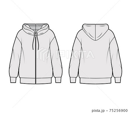 Zip-up Hoody sweatshirt technical fashion illustration with long sleeves, oversized body, banded hem, drawstring. Flat 75256900