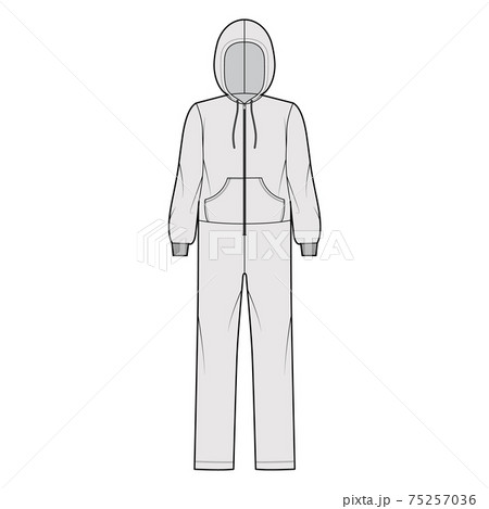 Onesie overall jumpsuit sleepwear technical fashion illustration with full length, hood, zipper closure, kangaroo pouch 75257036