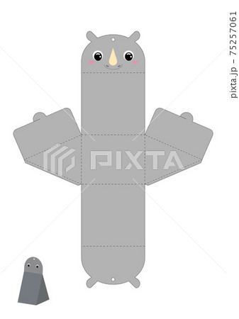 Party favor box rhino design for sweets, candies, presents. Packaging die cut template, great for any purposes, birthdays, baby showers. Editable blueprint layout with cutting and scoring lines. 75257061