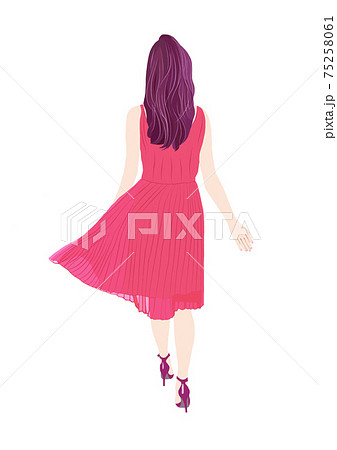 赤いワンピースで歩く女性の後ろ姿のイラスト素材