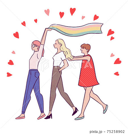 旗を振る 3人の楽しそうな女の子 ガールフレンド 仲良し 友達のイラスト素材