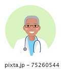 Black senior male doctor in medical white coat with glasses and stethoscope. African american physician professional avatar, silhouette, profile, man icon for web site, app. Flat vector illustration. 75260544