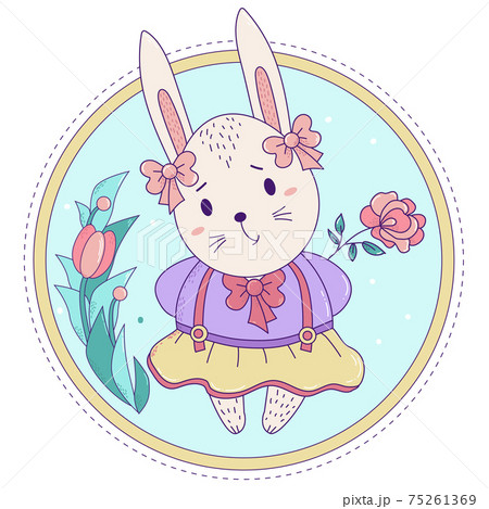 Cute rabbit. Easter bunny girl with bows and in a skirt with a rose on a decorative floral background. Vector. Happy Easter greeting card, birthday, for print and design 75261369