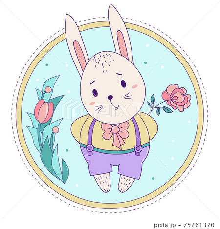 Cute rabbit. Easter bunny boy in pants on suspenders with a rose on a decorative floral background. Vector illustration. Happy Easter greeting card 75261370